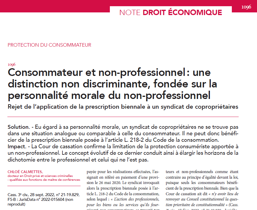 JCPEntreprise's tweet photo. #ProtectionDuConsommateur - Consommateur et non-professionnel : une distinction non discriminante, fondée sur la personnalité morale du non-professionnel - Rejet de l’application de la prescription biennale à un syndicat de copropriétaires, note par @ChloeCalmettes in #JCPE n° 13 https://t.co/7glTyzusOM