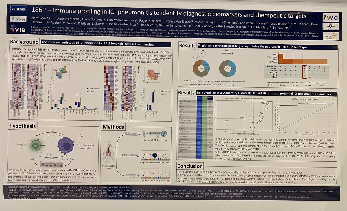 Els Wauters (@ewauters) on Twitter photo Come see our poster on #ICI-pneumonitis at #ELCC23
> Cross talk pathogenic Th17.1 cells ↔️ inflammatory monocytes
> IFNy-driven inflammatory signature 🔥confirmed
> CXCL10/CXCL8 in BALF as potential diagnostic tool
Collaboration with <a href="/hopkinskimmel/">Johns Hopkins Kimmel Cancer Center</a> <a href="/DrJNaidoo/">Jarushka Naidoo</a> and @suresh_lab Come see our poster on #ICI-pneumonitis at #ELCC23
> Cross talk pathogenic Th17.1 cells ↔️ inflammatory monocytes
> IFNy-driven inflammatory signature 🔥confirmed
> CXCL10/CXCL8 in BALF as potential diagnostic tool
Collaboration with <a href="/hopkinskimmel/">Johns Hopkins Kimmel Cancer Center</a> <a href="/DrJNaidoo/">Jarushka Naidoo</a> and @suresh_lab