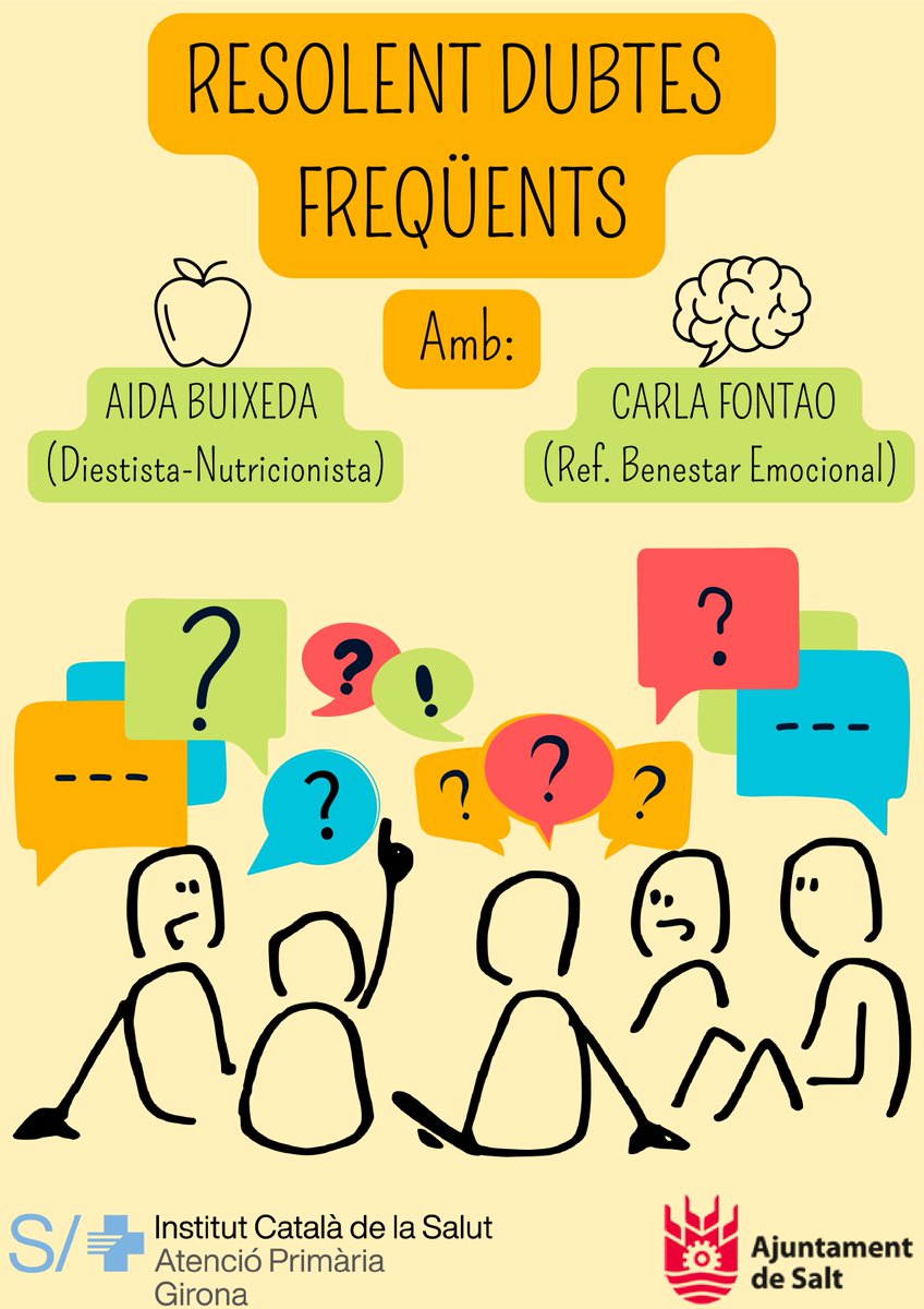 areasalut's tweet photo. Et preocupa el control de les emocions🫣🤬🥺 o tens algun dubte sobre alimentació🥩🥕❓
📡Dimarts, 4 i dimecres, 5 vine a parlar amb l'Aida, dietista i nutricionista i la Carla, referent de benestar emocional #CAPSalt @icsgirona i t'orientaran  
#SAFIS2023 #Saltesmou 
➕info
⬇️ https://t.co/1H6Pbw2Tmx