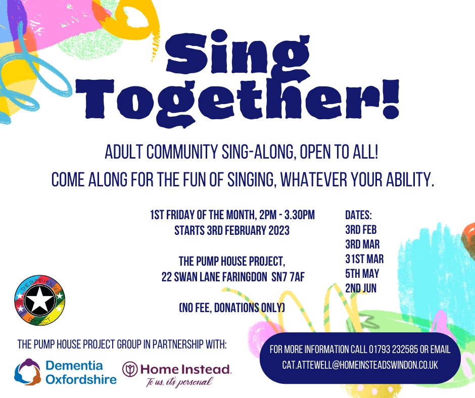 ThePumpHousePro's tweet photo. “Sing Together ”
  Join us every 1st Friday of the month at 2pm -3:30pm if you are free and want to have some fun with nice music. It's a donation-only event, so there's no fee.
#thepumohouseproject #dementia #homeinstead #dementiauk #singtogether #Faringdon https://t.co/g8WMu6sfsm
