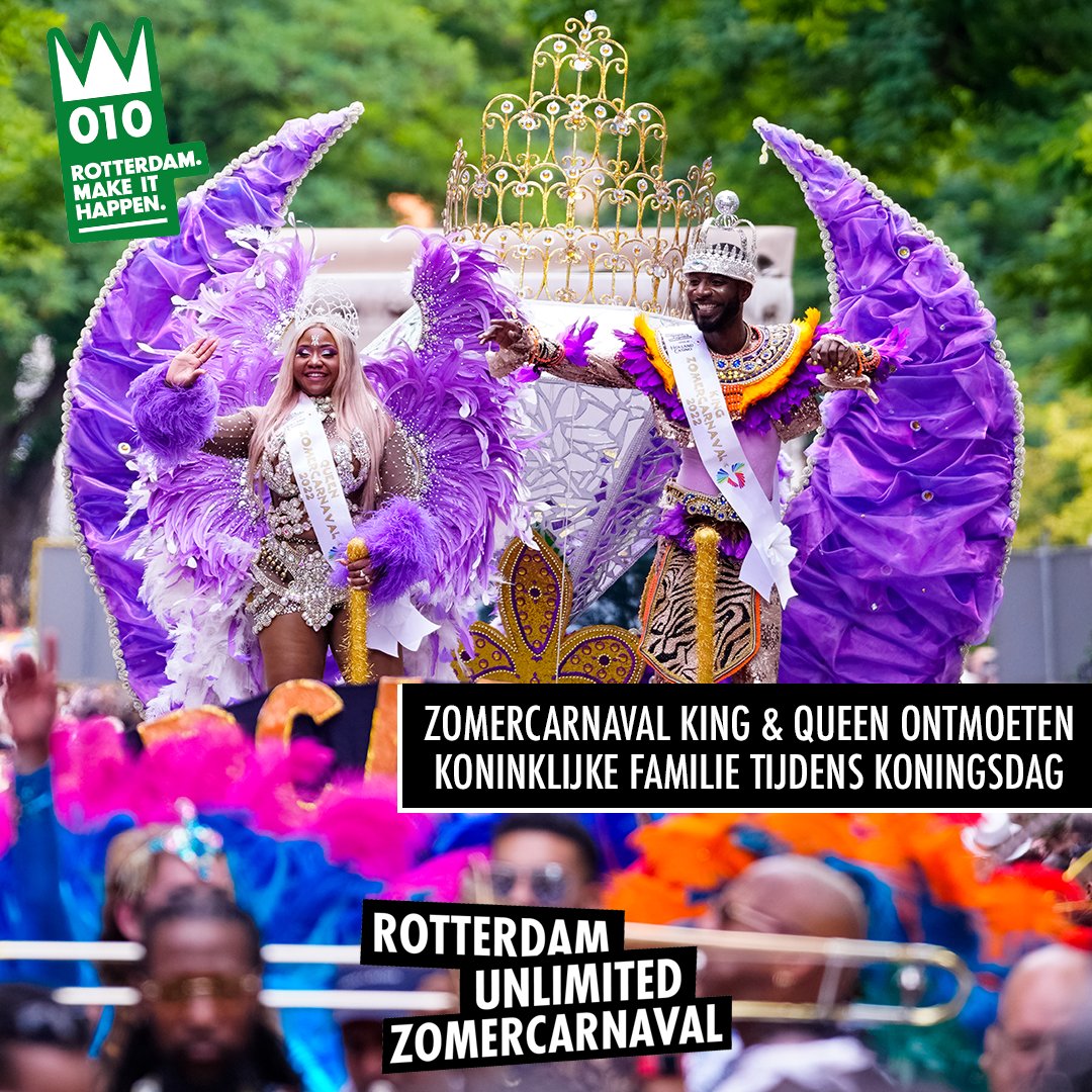 Zomercarnaval King &amp; Queen 2022 ontvangen Koning Willem-Alexander en Koningin Máxima in Rotterdam Zuid tijdens Koningsdag 2023 👑  Er kunnen geen betere vertegenwoordigers van Rotterdam en haar inwoners zijn dan de ambassadeurs van Rotterdam Unlimited Zomercarnaval 🤩