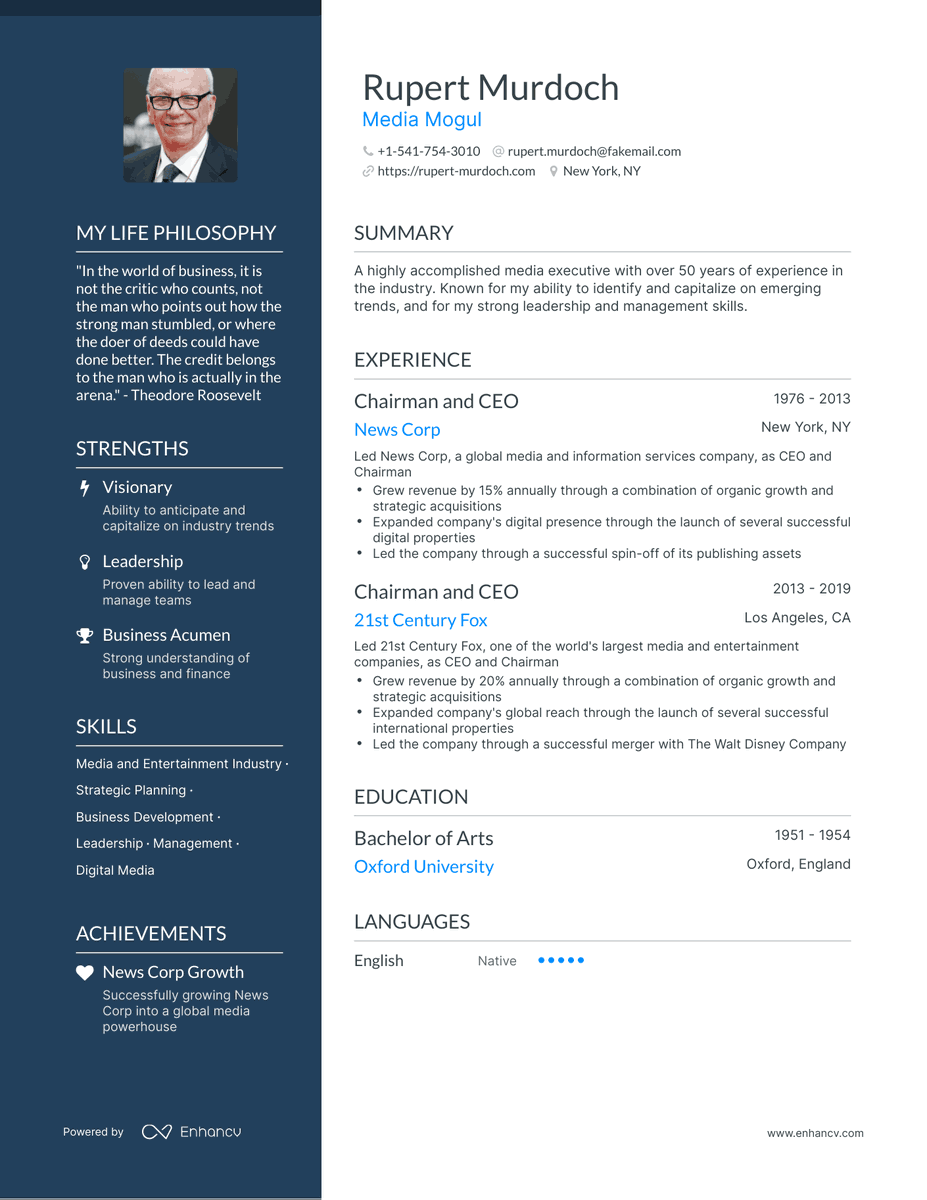 What would Rupert Murdoch's resume look like if he had one made by AI? Check the full ChatGPT-generated resume at thisresumedoesnotexist.com/resume/rupert-…