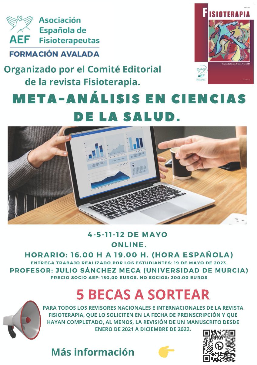 aefisio's tweet photo. 🔈Próxima #formación organizada por el #Comite #editorial de la revista @FisioterapiAEFI y nuestra #asociacón
✅ Precios especiales #sociosAEF
✅5 #becas a sortear
#fisioterapia #fisioterapeutas #metaanalisis
@COFEXT @cofiga @FisiosAragon @coflarioja1 @cgcfe @WorldPhysio1951 https://t.co/pNOKxzdomn