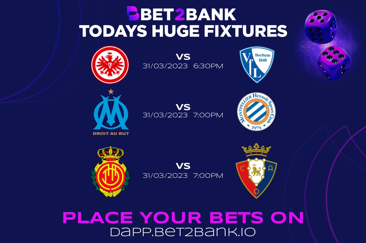 Todays Football on #Bet2bank #P2P dApp!

⚽️Eint. Frankfurt VS Bochum⚽️

⚽️Marseille vs Montpellier⚽️

⚽️Mallorca vs Osasuna⚽️
 
 AND MANY MORE!   

Create your own bet or contest someone elses at -

Dapp.bet2bank.io/p2p

#Football #Soccer
#GambleFi #ARB $ARB