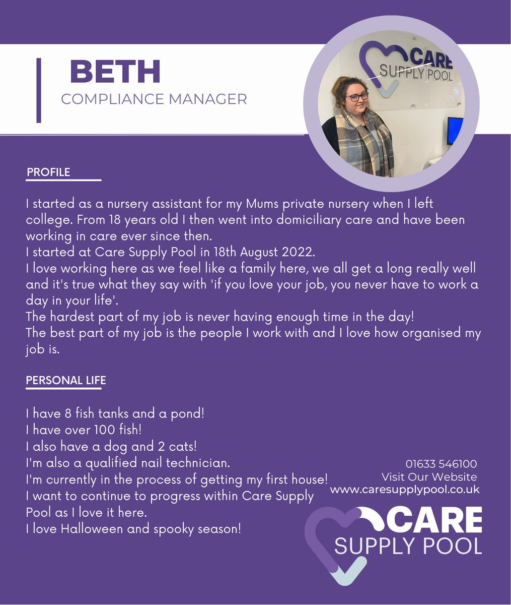 We are all about the personal touch here at Care Supply Pool, so each Friday we'll be introducing you to our lovely staff members and a bit about them to help you get to know us!

Up first is our Compliance Manager Beth, who literally keeps us in check.

#compliance #newportwales