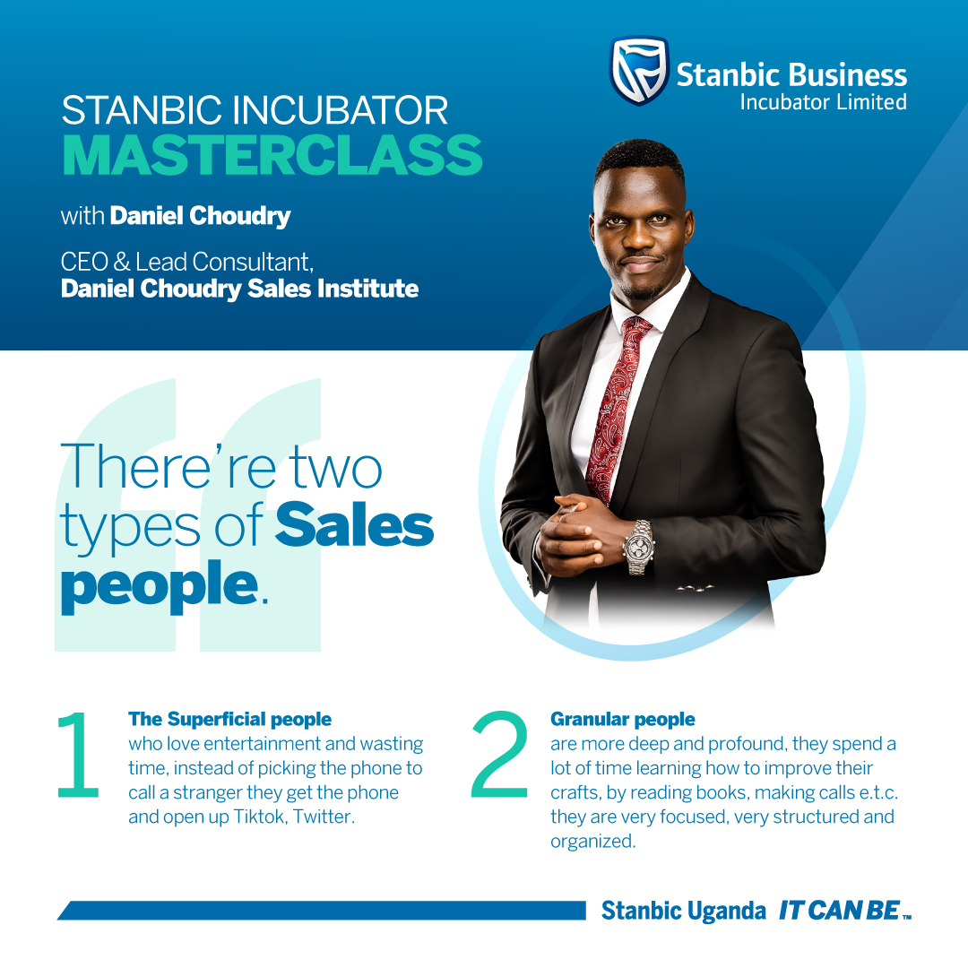 SBIncubatorUG's tweet photo. Of the two types of salespeople, you should be the granular salesperson because these are the champions of execution.
ποΈ@ChoudryDaniel β Founder Daniel Choudry Sales institute
Zoom: https://t.co/K7K2acY96c
Meeting ID: 843 6612 6129
Passcode: 690473
#SBILMasterclass https://t.co/9vjGmz4gRv