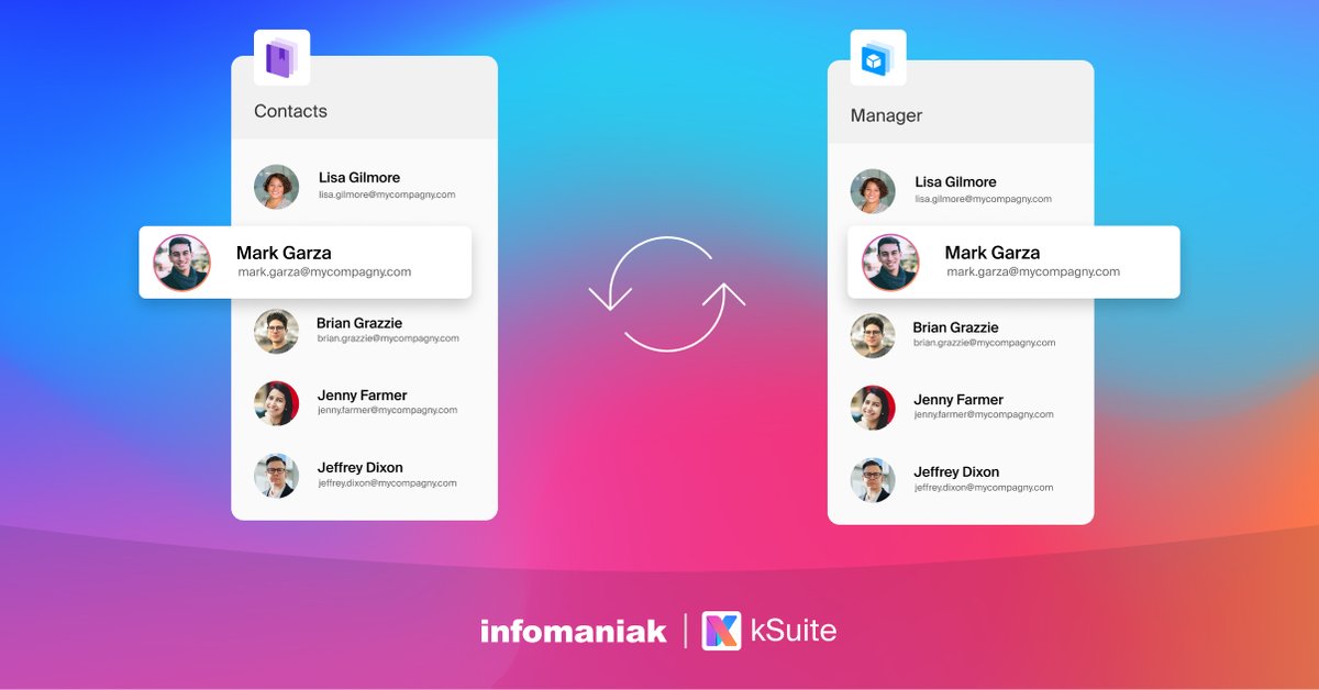 infomaniak's tweet photo. kSuite évolue avec l'annuaire de l'organisation, un carnet d'adresses qui se met automatiquement à jour en fonction des utilisateurs de votre organisation. Il n'a jamais été aussi simple de contacter votre staff et vos collègues !

Pas encore sur kSuite ? https://t.co/OZLxpPnBuT https://t.co/f2YOTNuUbH
