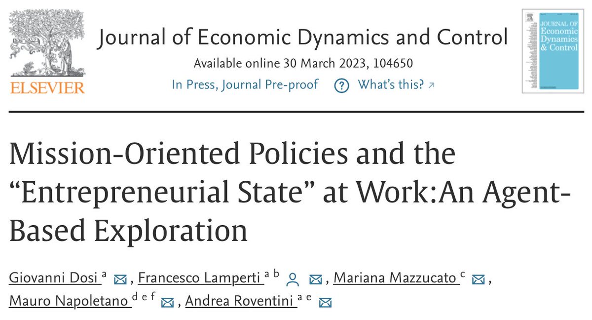 Finally, the paper with G. Dosi, F. Lamperti, <a href="/MazzucatoM/">Mariana Mazzucato</a> e <a href="/mnapoletano1/">Mauro Napoletano</a> is out! We extend the Keynes+Schumpeter agent-based model to assess different innovation policies. We find that Entreprenurial-State policies outperform market-friendly interventions
sciencedirect.com/science/articl…