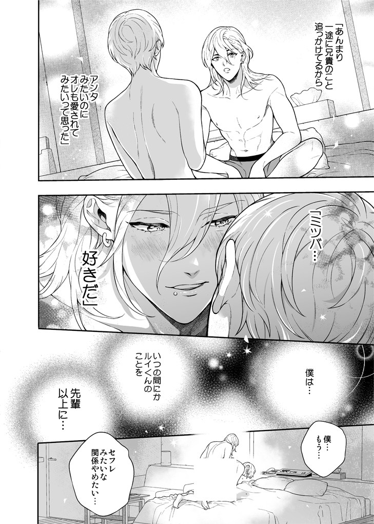 「好きで好きでしょうがないみたい。～僕、もうセフレやめたい。～編」
ルイくんのお兄ちゃんに片想いしていたミツバが、ルイくんとセフレだったときのお話です。
#創作BL #J庭53 