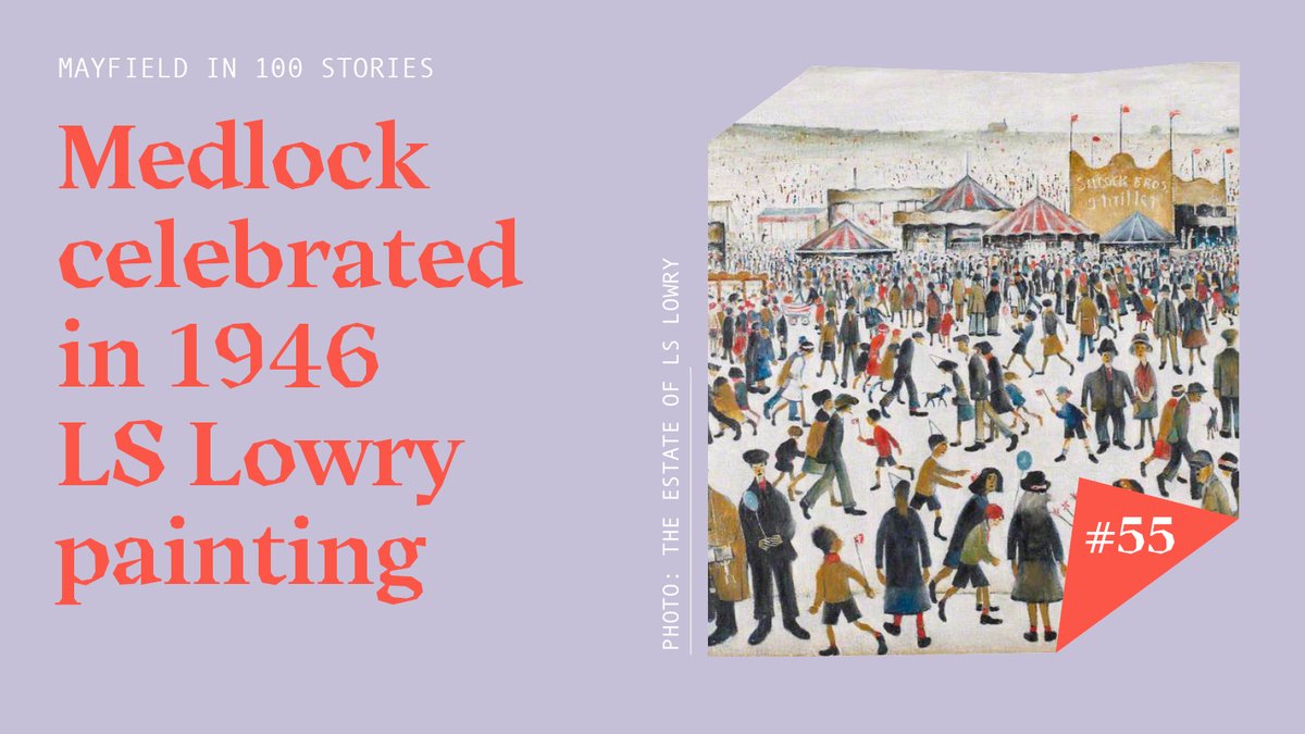 MayfieldMCR's tweet photo. 55/100: Before reaching #Mayfield, the River #Medlock passes through Daisy Nook Country Park in the heart of the Medlock Valley. It was immortalised in 1946 by LS Lowry in 'Fair At Daisy Nook', which depicts huge crowds and children playing in the river. #Mayfield100 https://t.co/Briru0ftGO