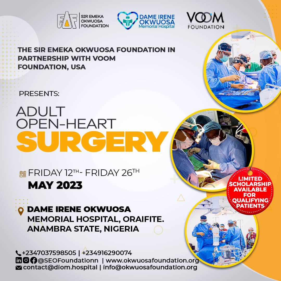 SEOFoundationn's tweet photo. The @SEOFoundationn and #DameIreneOkwuosaMemorialHospital is recruiting patients for open-heart surgery mission in May 2023.

This is the third open heart missions and the outcomes have been very excellent.

LIMITED SCHOLARSHIPS AVAILABLE FOR QUALIFYING PATIENTS.

 #surgery https://t.co/5u4BG6lJPZ