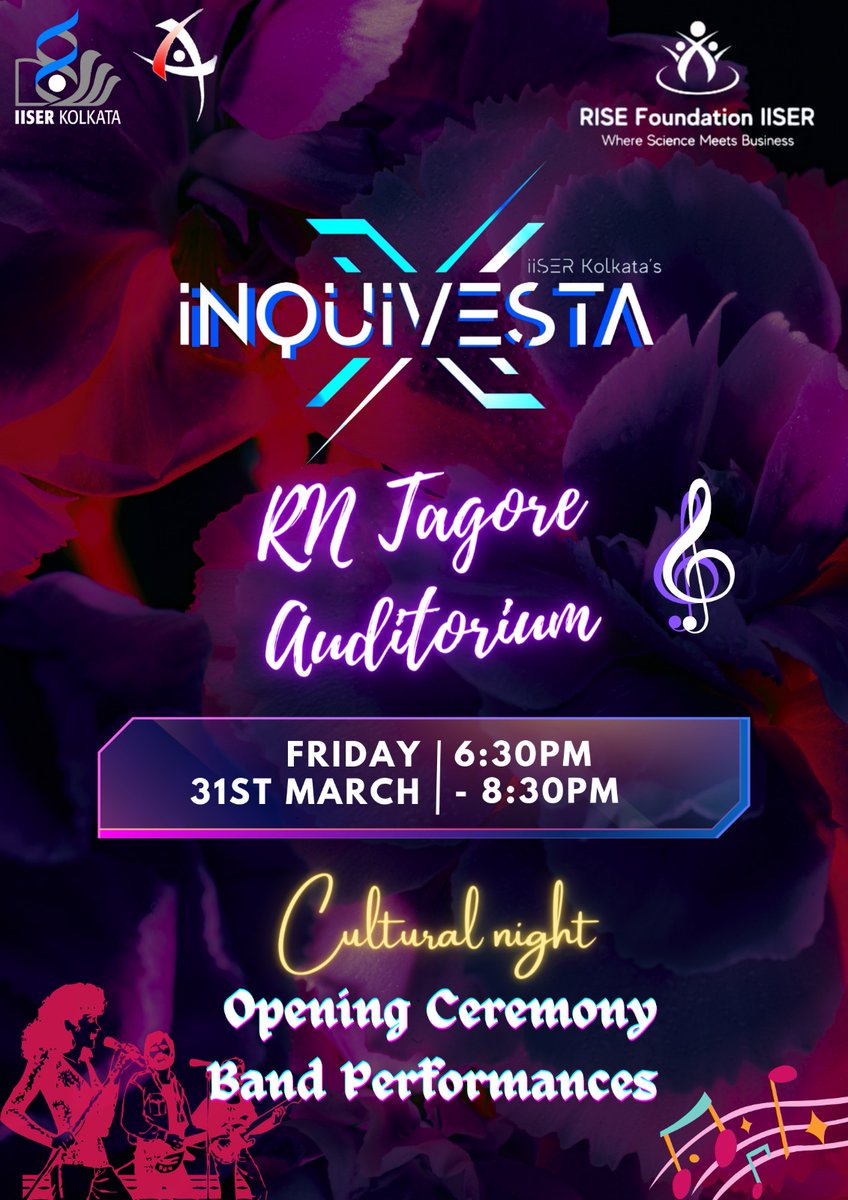 We are glad to invite you for opening ceremony and cultural evening 
Venue: RT Auditorium
Time: 6:30pm
#iiserkolkata #inquivesta