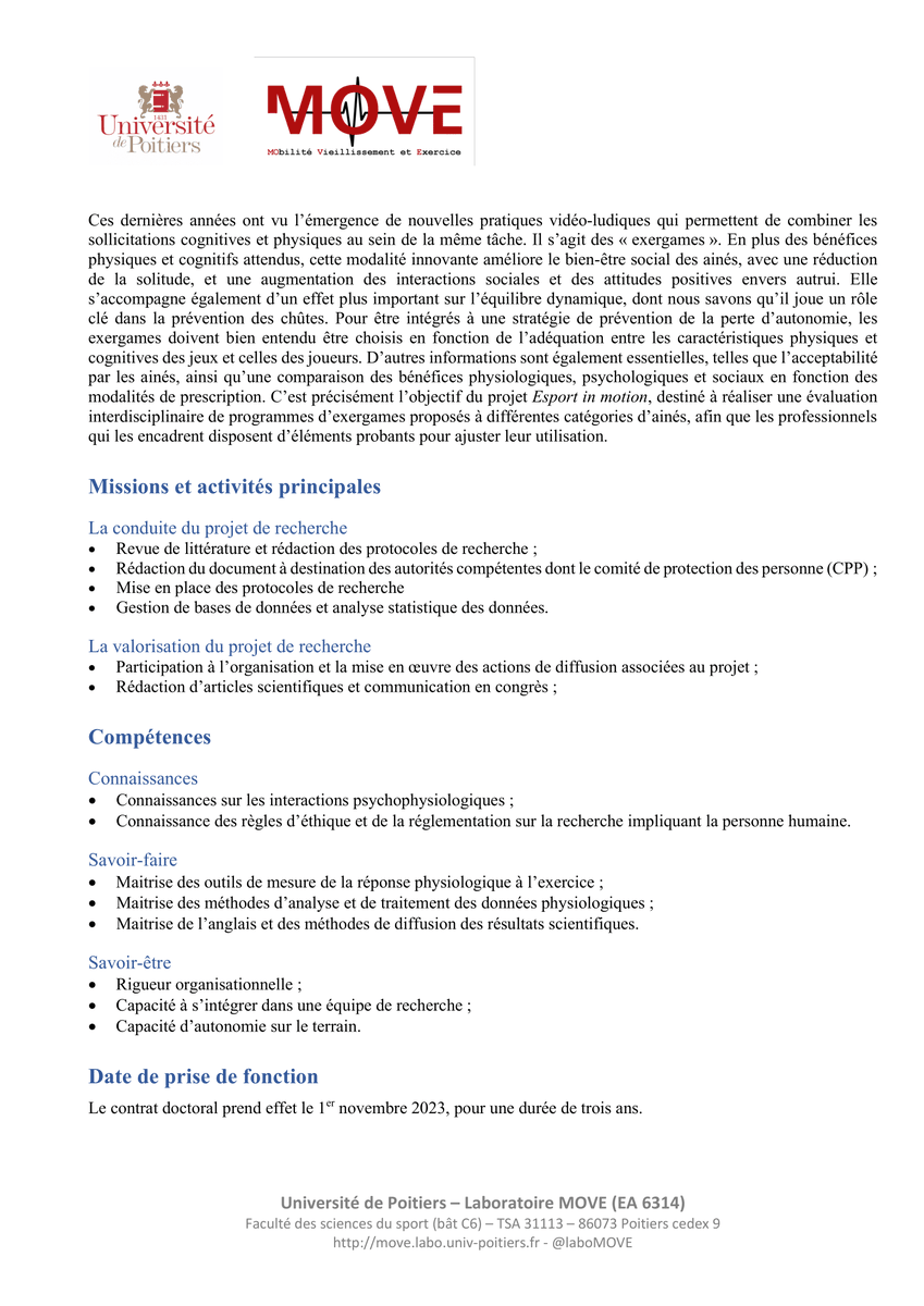 LaboMOVE's tweet photo. 📢 Appel à candidature - Contrat Doctoral - Esport in motion

▶ Eval. interdisciplinaire / #Exergame / Personnes Agées 
Pour en savoir plus : https://t.co/LVCheqD5cI

▶ Directeur de thèse : @LaurentBosquet
▶ Co-directeur de thèse : @Olivier_Dupuy

📆 Date limite: 9 mai 2023 https://t.co/m78FEX99TG