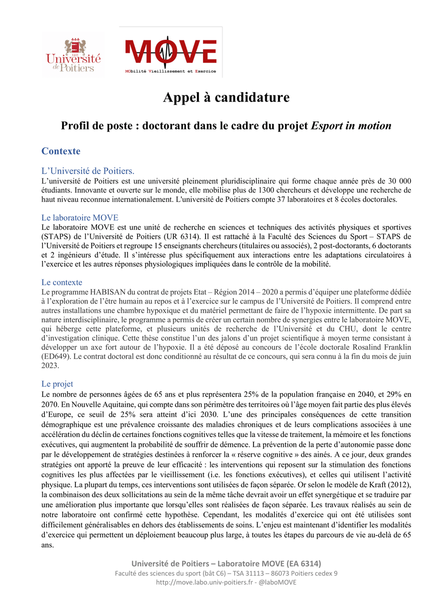 LaboMOVE's tweet photo. 📢 Appel à candidature - Contrat Doctoral - Esport in motion

▶ Eval. interdisciplinaire / #Exergame / Personnes Agées 
Pour en savoir plus : https://t.co/LVCheqD5cI

▶ Directeur de thèse : @LaurentBosquet
▶ Co-directeur de thèse : @Olivier_Dupuy

📆 Date limite: 9 mai 2023 https://t.co/m78FEX99TG