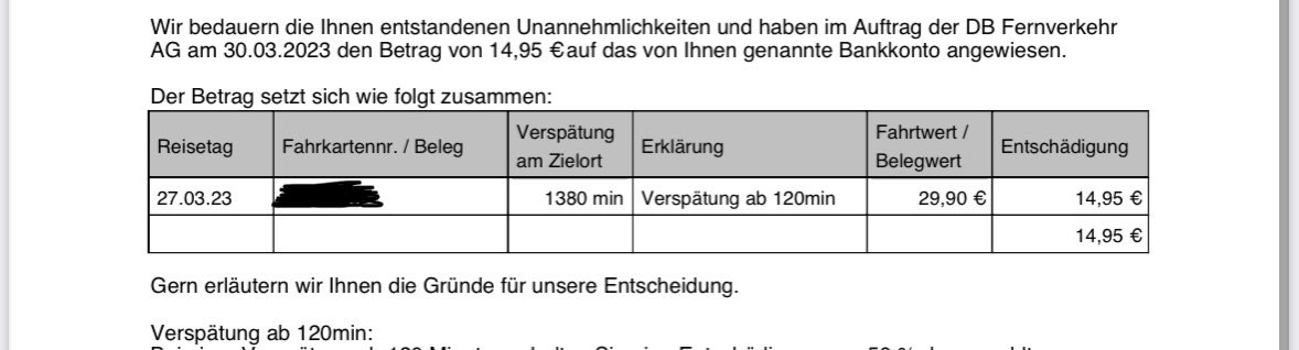 HenriHoeft's tweet photo. @dr_boese Also mein Fahrgastrechtefall war dann wohl doch zu eindeutig 👀 1380min Verspätung steht da auch nicht jeden Tag 🤣 Hab aber ohne Murren direkt die Auszahlung erhalten. Schade, hätte mich über eine Diskussion schon gefreut. https://t.co/oIpT2NfxdG
