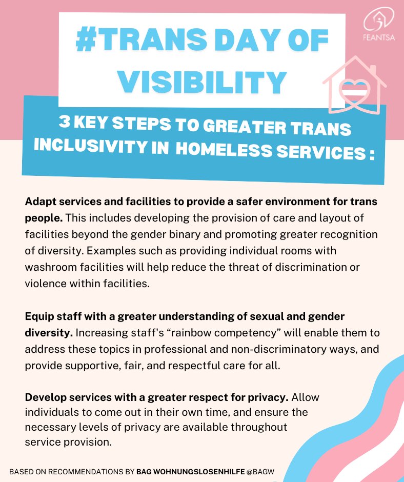 Happy #TransDayOfVisibility! 🏳️‍⚧️ 1⃣ in 3⃣ trans individuals experience #homelessness, but often face discrimination both accessing and within services Today we want to highlight 3⃣🔑 steps to improving access and the quality of care for trans individuals: #TDOV2023