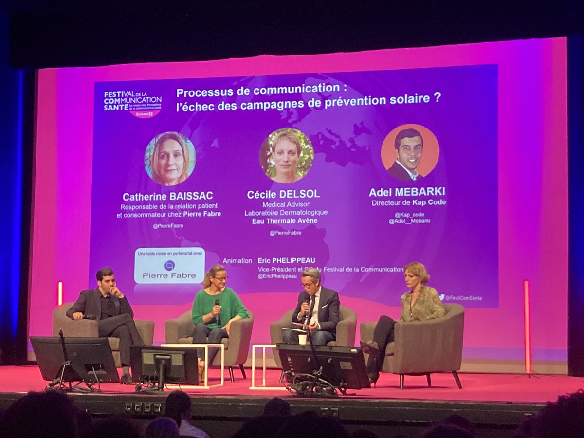 1re table ronde animée par <a href="/EricPhelippeau/">Eric Phélippeau</a> avec Catherine Baissac <a href="/PierreFabre/">Laboratoires Pierre Fabre</a>, Cécile Delsol #avene <a href="/PierreFabre/">Laboratoires Pierre Fabre</a>, <a href="/Adel__Mebarki/">Adel Mebarki</a> de <a href="/Kap_Code/">Kap Code</a> autour de la thématique « Processus de communication : l’échec des campagnes de prévention solaire? » #festicomsante #hcsmeufr