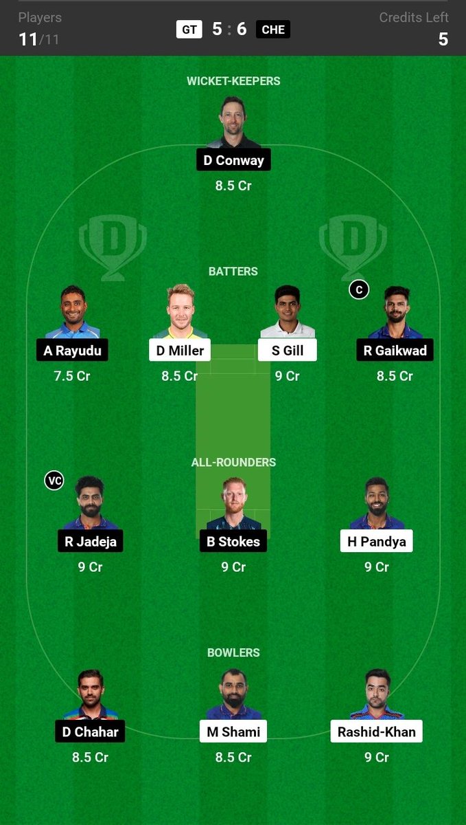 Win_Team_11's tweet photo. Dream 11 team for today's match @Dream11 @csk vs @Gt https://t.co/uSeKWVkOM1