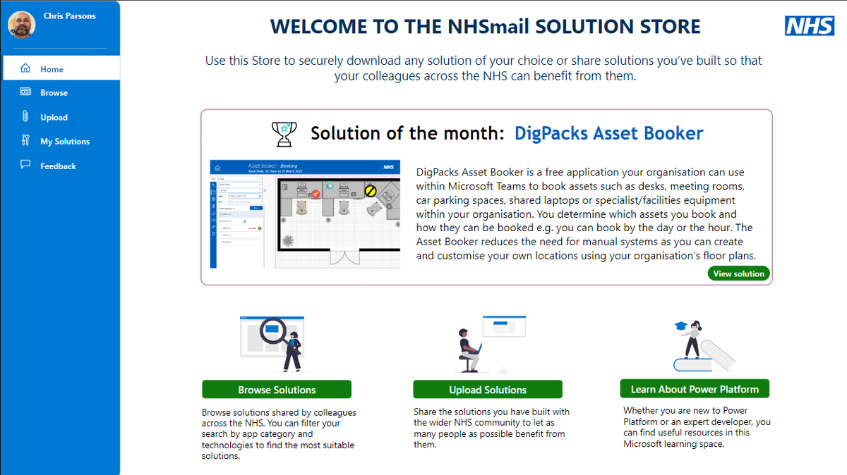 ParsonsC446's tweet photo. Knowledge is wasted when it isn't shared, and applied.  Super proud of the #NHSmail CoE team for launching our Solution Store today, a place for #NHS organisation to share Power apps they've developed securely, check out the support site for more info:
https://t.co/KM1bbDZQvk 👏 https://t.co/oiK9M6RzcO