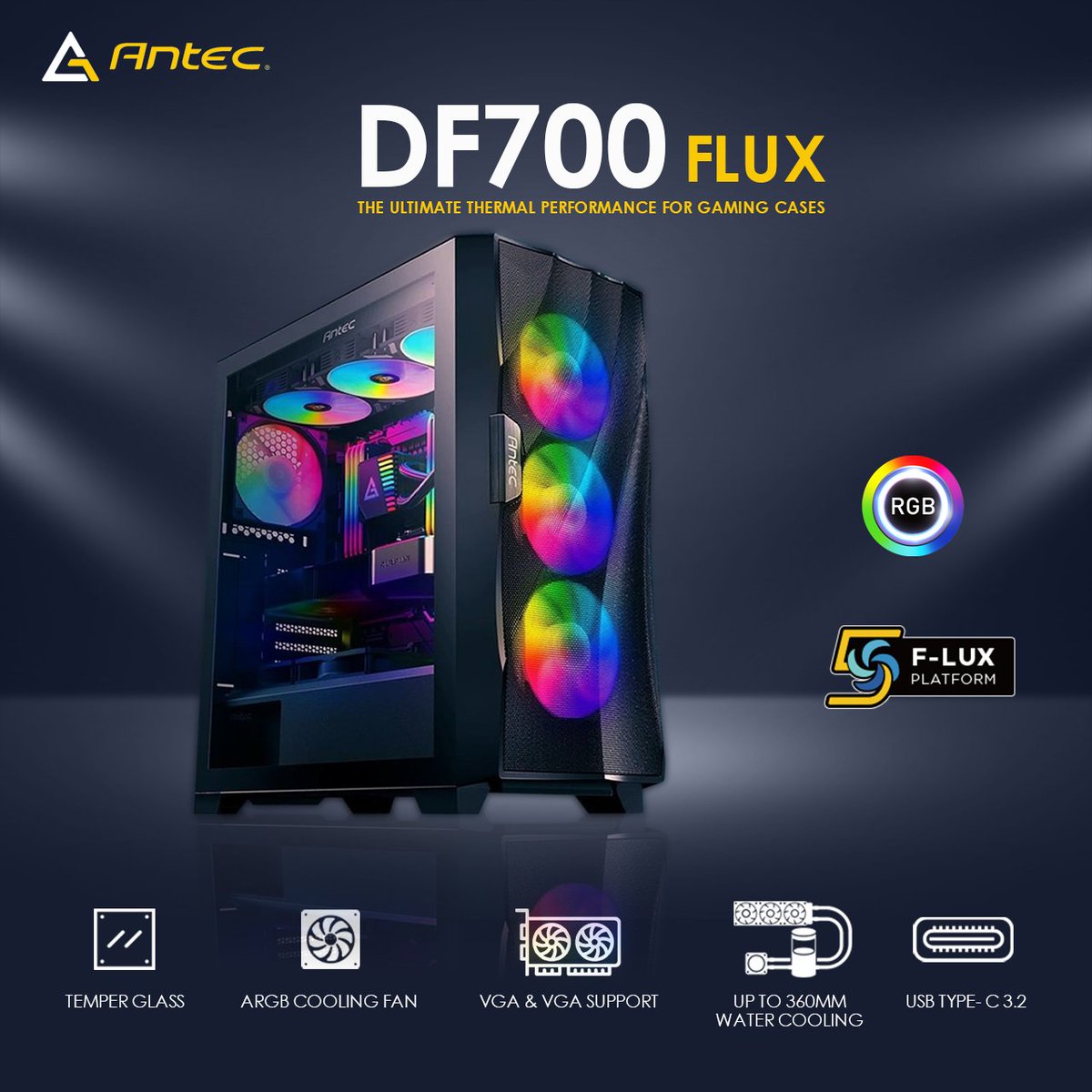 antec_india's tweet image. The Antec DF700 Flux case offers a unique angular design and advanced cooling options for your next gaming build. #PCCases #GamingSetup