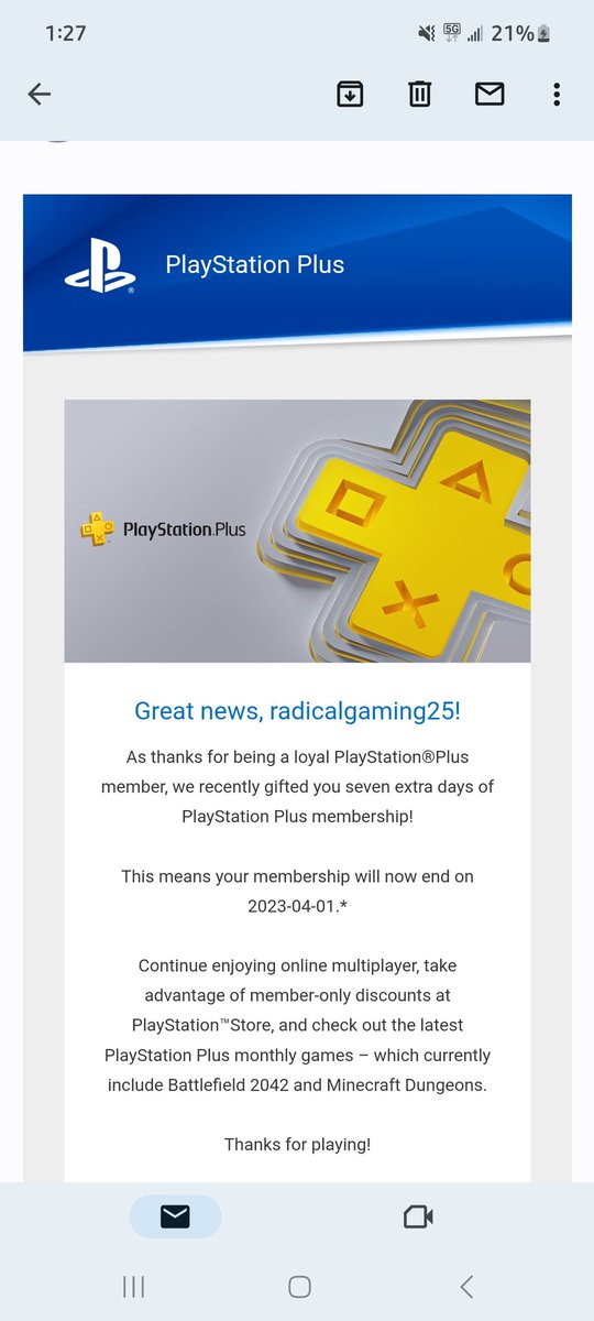 Thanks Sony for thr free 7 days plus. @PlayStation I'm not sure if anyone else got this. https://t.co/jGHjiiRdqm