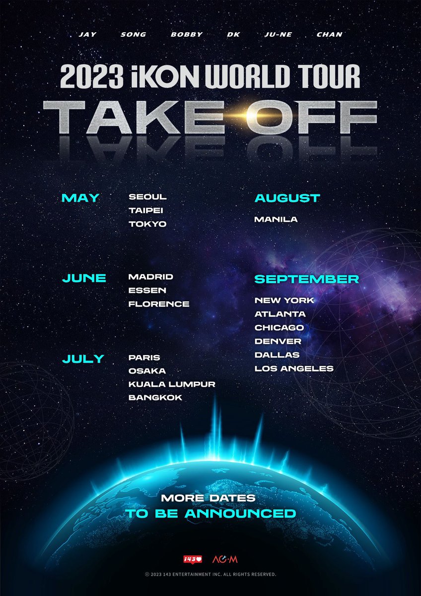 .<a href="/iKONIC_143/">iKON GLOBAL iKONIC</a> has confirmed the schedule for the new world tour “2023 iKON World Tour Take Off” in Seoul. According to 143 Entertainment, iKON will hold the concert from May 5-6. After the opening, they will perform in more than 20 cities to meet global iKONICs! #iKON #iKONonTour