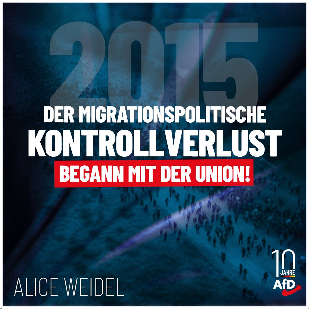 "#CDU und #CSU, unter deren Kanzlerschaft der migrationspolitische Kontrollverlust 2015 begann, tragen einen Großteil der Verantwortung für den Zerfall der öffentlichen Ordnung." afdbundestag.de/alice-weidel-m…