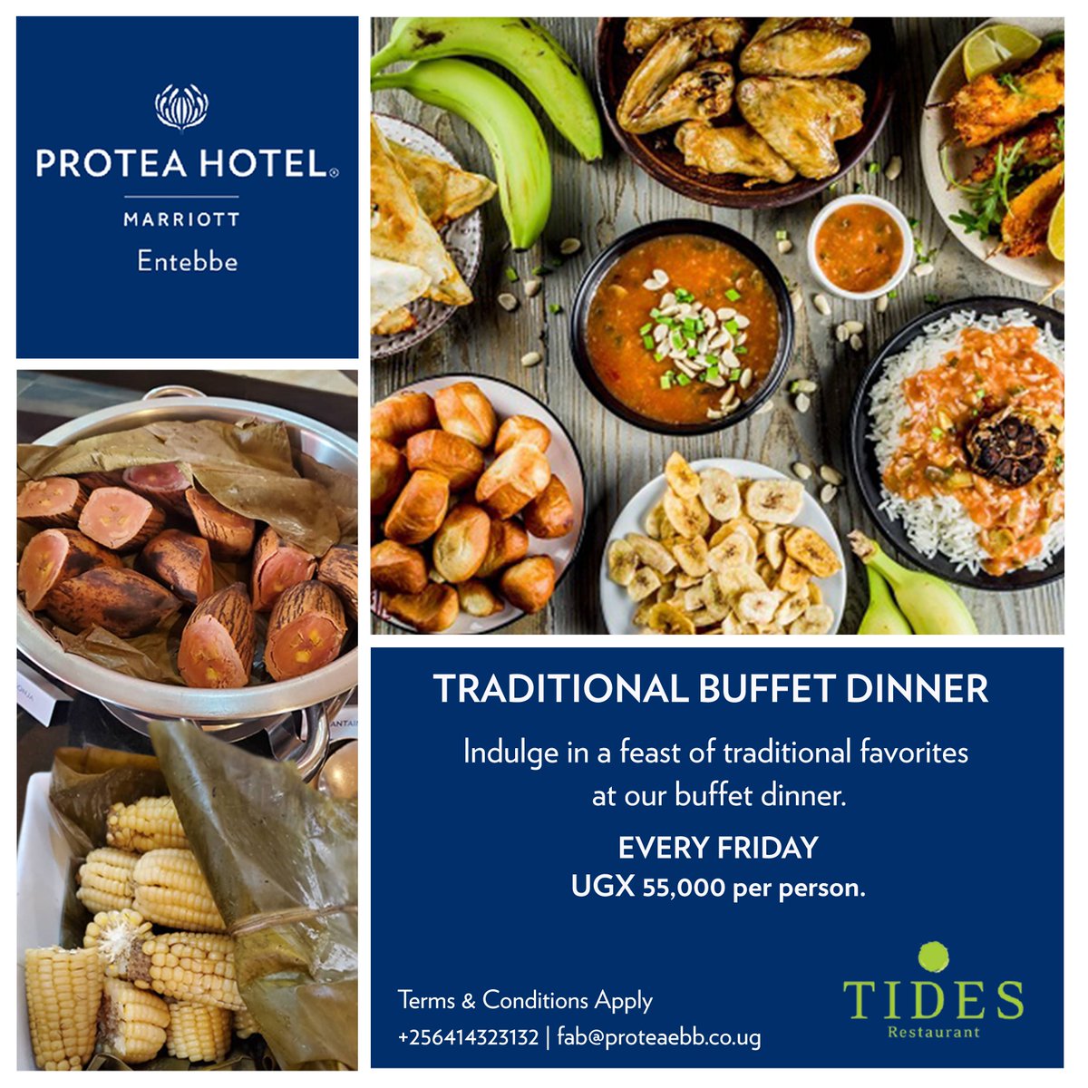 ProteaEntebbe's tweet photo. Join us tonight from 6pm to 11pm for a traditional buffet dinner at #TidesRestaurant and get ready to indulge in a mouthwatering selection of dishes like never before!
Call 0414323132 for details.
#ProteaEntebbe #TraditionalBuffetDinner https://t.co/Qbuu6U6SgK
