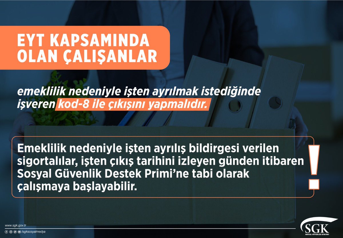 EYT kapsamında olan çalışanlar emeklilik nedeniyle işten ayrılmak istediğinde işveren kod-8 ile çıkışını yapmalıdır.

#SGK #EYT #Emeklilik

Emeklilik başvurusu için tıklayın 👇
🔗 ddo.link/eyt