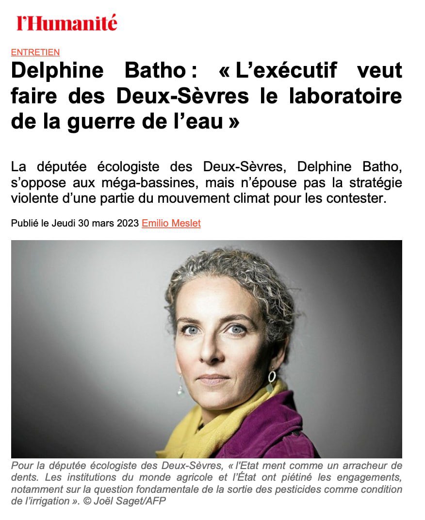 « #SainteSoline doit être un tournant pour les écologistes ».
« La non-violence n’est pas un choix de Bisounours face à un système destructeur, mais de lucidité et d’efficacité politique pour le renverser » ✊
<a href="/delphinebatho/">Delphine Batho</a> à l’<a href="/humanite_fr/">L'Humanité</a> 

➡️ humanite.fr/planete/delphi…
