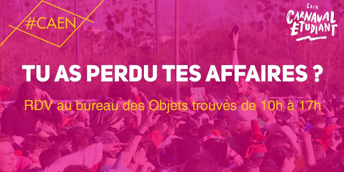 Tous les ans de nombreux objets sont trouvés sur le parcours du #CarnavalCaen. Si vous êtes à la recherche de vos effets personnels, rdv jusqu'à 17h au bureau des #ObjetsTrouvés (qui sera fermé lundi) ou faites votre déclaration de perte en ligne ➡️ caen.fr/actualite/carn…. #Caen