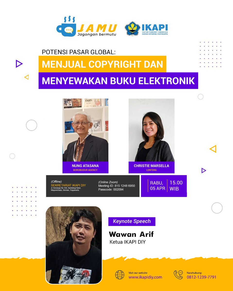 Mengundang kawan-kawan penerbit untuk hadir dalam acara #Jamu edisi ke 6. 

📆  Rabu, 05 April 2022
🕖  15.00 - 17.00 WIB
📍  Sekretariat IKAPI DIY 
📍  Zoom Meeting 

#Jamu #jagonganbermutu #ikapidiy