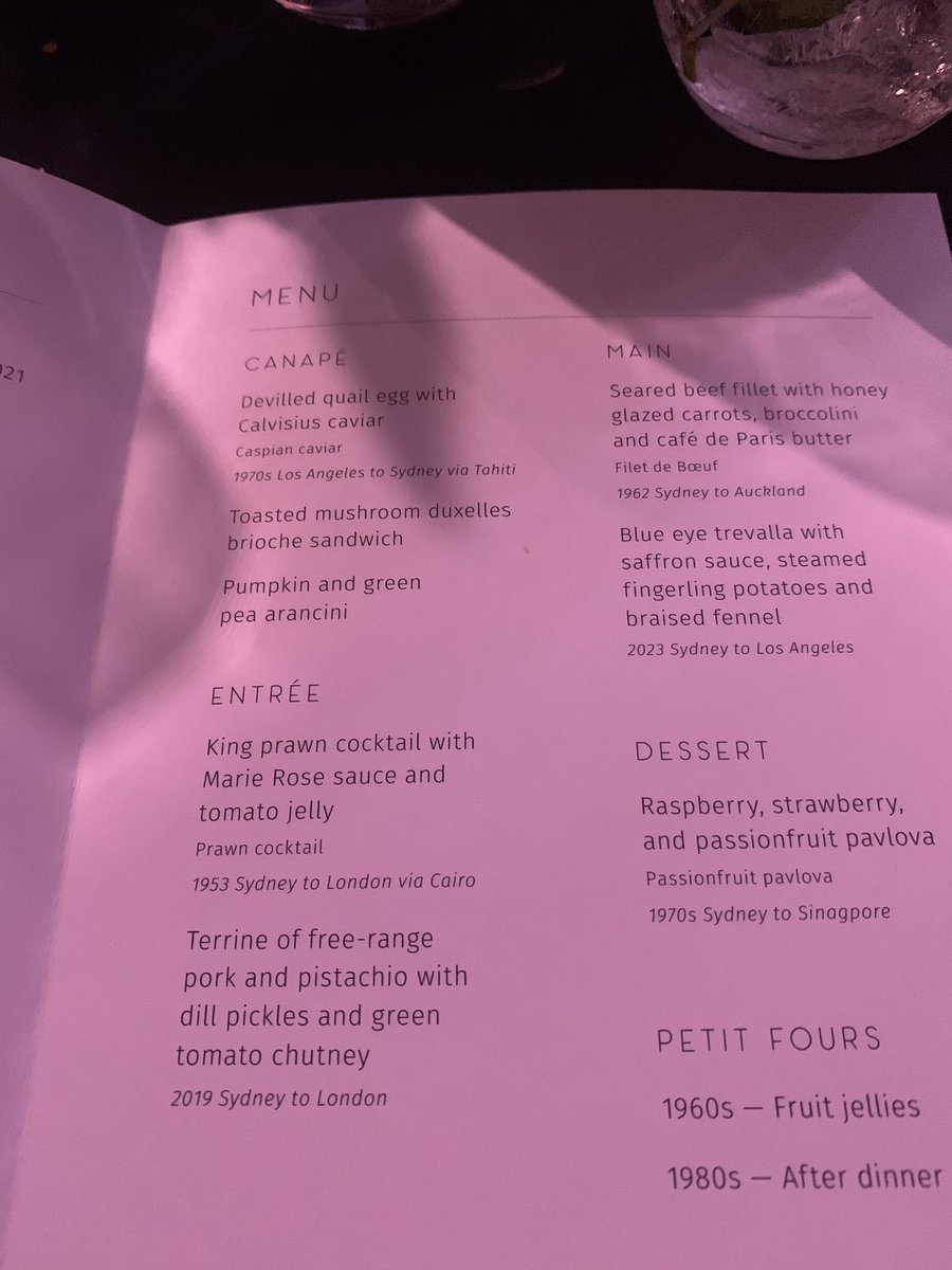 AnthonyTravelEd's tweet photo. Nice touch, Neil. The dishes at tonight’s Qantas 100th anniversary dinner are inspired by inflight meals served on previous routes right back to 1953. @TravellerAU @Qantas https://t.co/s0W0FbKmgk