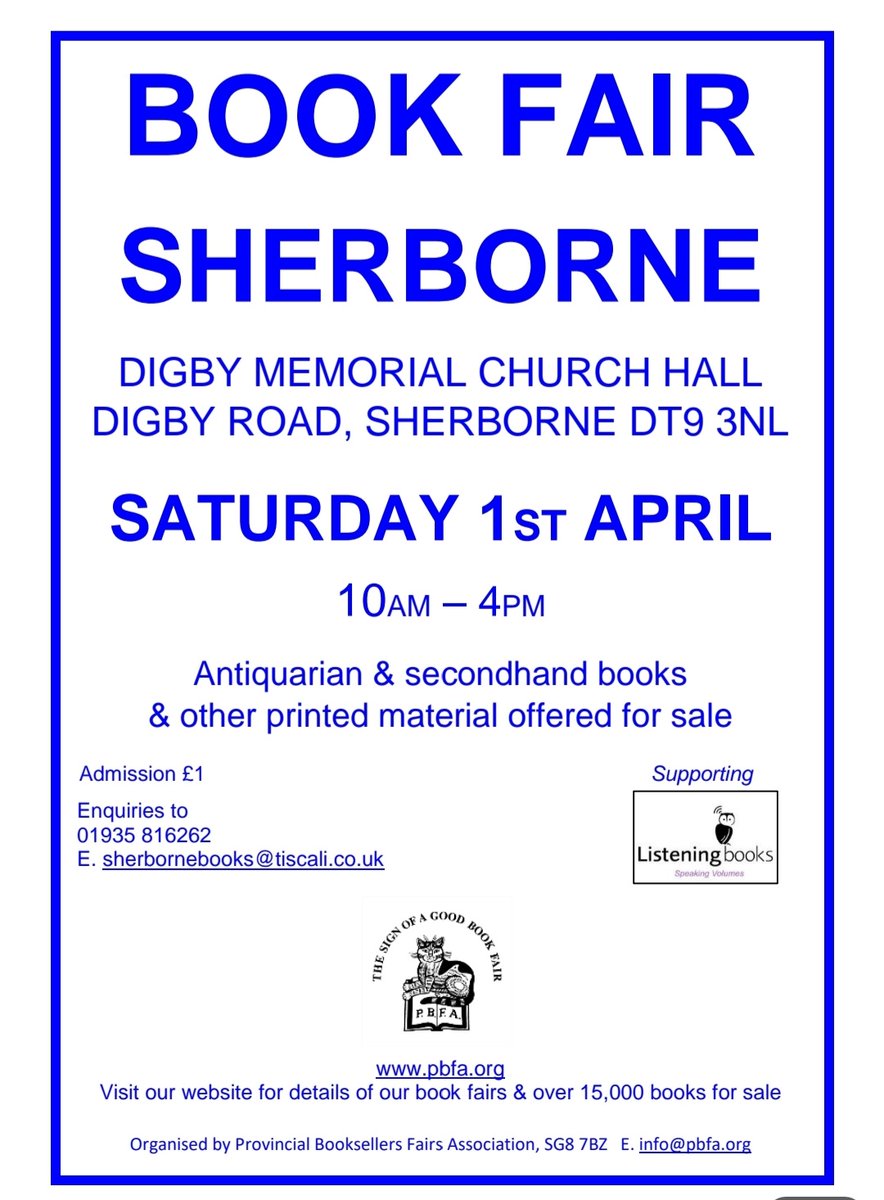 Sherborne PBFA Book Fair is on tomorrow, the perfect place to spend a wet and windy Saturday.  Happy browsing!