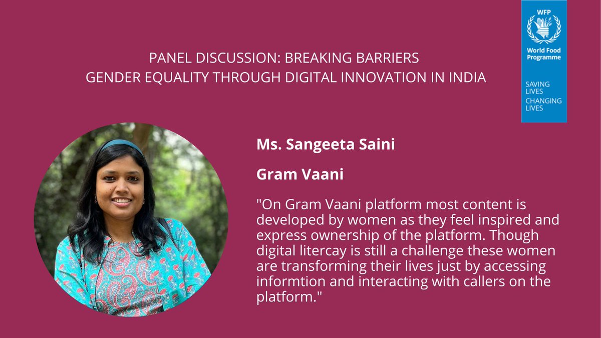 Breaking Barriers #Gender equality through #Digital #Innovation by @UNWFP_Indian #IWD2023 
"Though digital literacy is still a challenge these women are transforming their lives just by accessing information &amp; interacting with callers on the platform." Sangeeta Saini <a href="/GramVaani/">Gram Vaani</a>