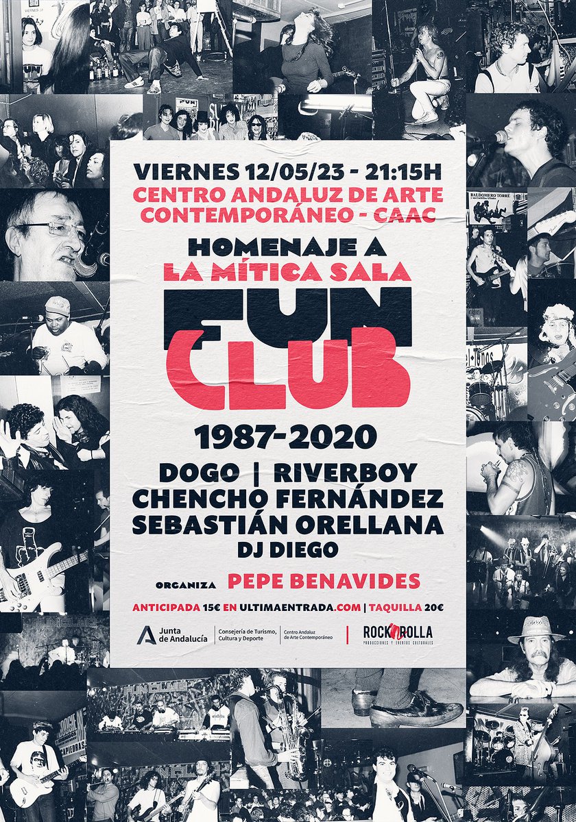 caac_sevilla's tweet photo. 📌 El próximo 12 de mayo, Concierto-Homenaje a la mítica sala #FunClub en el #CAAC. 🎶 Una iniciativa de su fundador y antiguo dueño Pepe Benavides y  la promotora #Rocknrolla. Con @chencho_fdez, #Riverboy, #SebastiánOrellana, #DJDiego y #Dogo.  

ℹ https://t.co/kXQx6xo5DS https://t.co/ypM6fTgupN