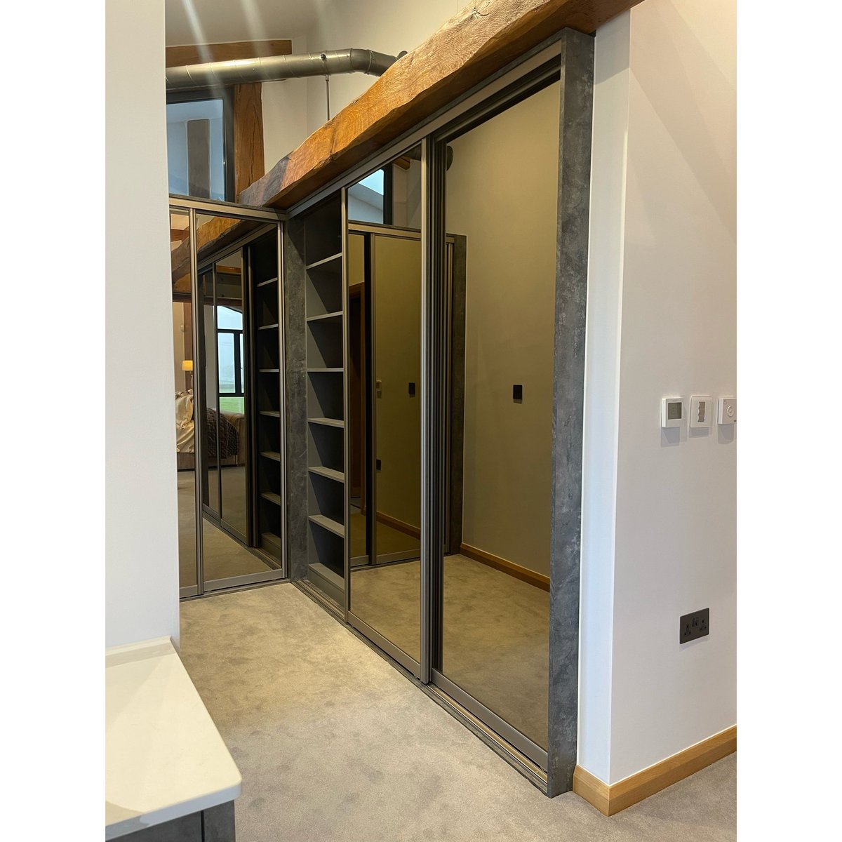 Master Bedroom Photo’s 📸 from the Somerset Barn 🪵 🧡 Includes Bespoke Bedsides, Dressing Tables and Sliding Bronze mirrored wardrobes. #Bristol #Bath #Home #House #Somerset #Barn #Construction #AirBnB #BristolBuild #Blum @blum_uk @tradectory @eggergroup @daro_uk @ldl_online