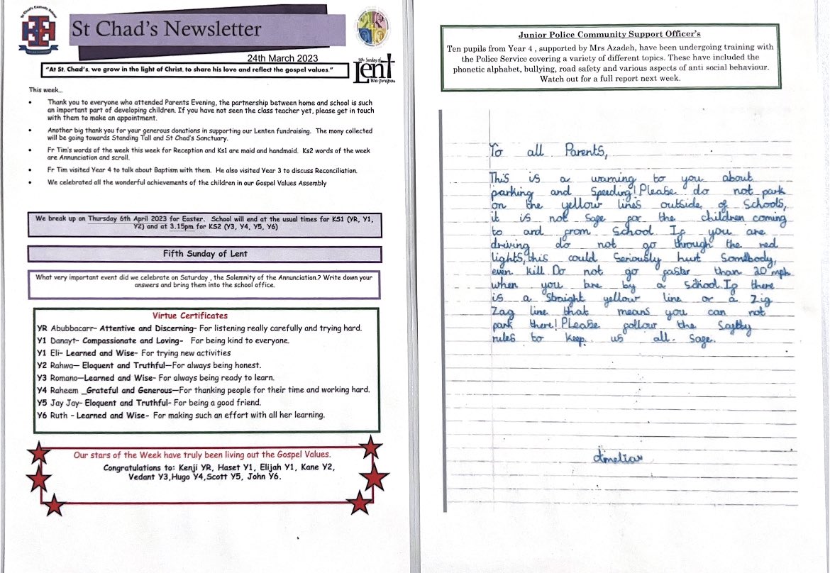 AstonWMP's tweet photo. A road safety campaign written by a junior Pcso at @ChadPrimary in #newtown #parksafely #bessfe #SafetyFirst @BrumPartnership @gary2pips https://t.co/0r777AOKYt