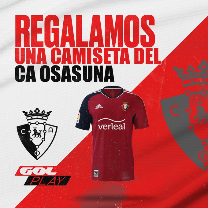 🎁 REGALO 🎁

🔴 ¿Quieres ganar la camiseta de <a href="/Osasuna/">C. A. OSASUNA</a>?  

❤️ Sigue a <a href="/Gol/">GOL</a>
🔁 Haz RT
📲 Dinos por qué tiene que ser tuya con #LaLigaEnGol 

🥇 Un ganador 

🔥 ¡A las 21h, vive el #RCDMallorcaOsasuna en Gol Play!