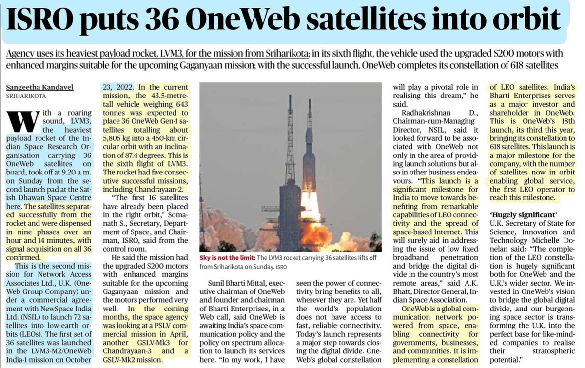 imRavikantYadav's tweet photo. All about @isro 's latest launch

*#ISRO puts 36 #oneweb #satellites into orbit
*ISRO's #LMV3 launches 36 Sats,OneWeb #Constellation complete
*With One Web ISRO cements its reputation in #CommercialLaunches

#oneweblaunch18 #LEO #Space #SpaceX 

#UPSC #UPSC2023 

Source:IE &amp; TH https://t.co/2HmpQu82p9