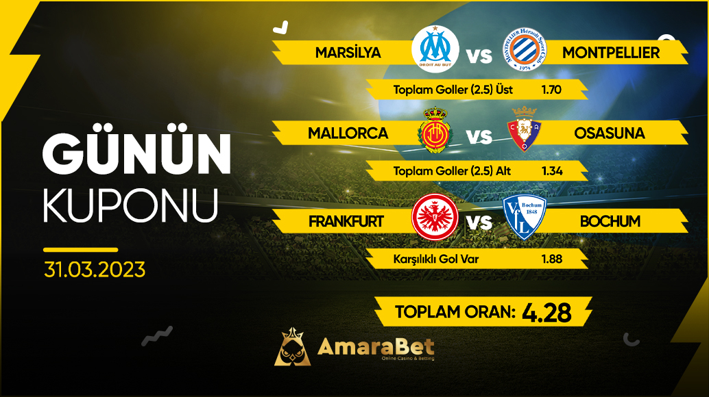 🏆Günün Kuponu⚽️

➡️Marsilya - Montpellier | Üst 2.5
➡️Mallarco - Osasuna |  Alt 2.5 
➡️Frankfurt - Bochum | KG Var

🎁En yüksek bonuslar için; linktr.ee/amarabet