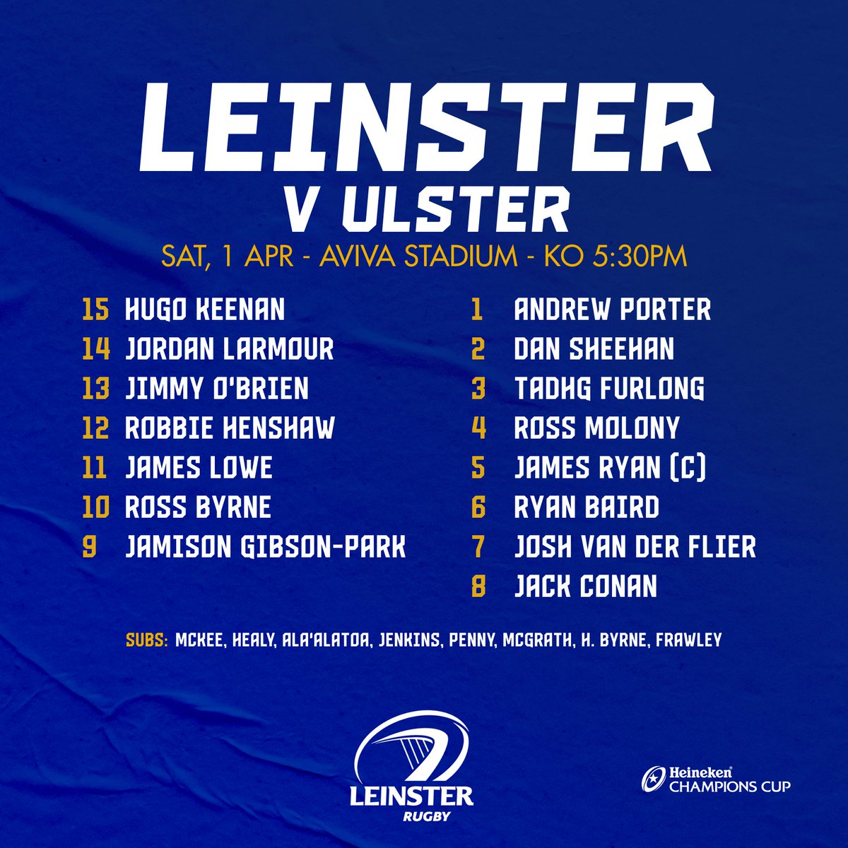 🔵 | This is the Leinster Rugby team that will take on Ulster tomorrow evening at Aviva Stadium. 

#LEIvULS #HeinekenChampionsCup