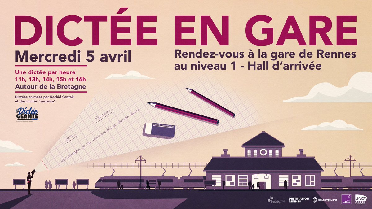 📝Révisez votre orthographe, les dictées en gare font leur grand retour !
📅Rdv le mercredi 5 avril en gare de Rennes pour 5 nouvelles dictées avec <a href="/franceculture/">France Culture</a>
📚La Bretagne sera mise à l'honneur par <a href="/rachidsantaki/">Rachid Santaki « Monsieur Dictée »</a> et ses invités "surprises" 🤫
ℹ️ Accès libre et gratuit