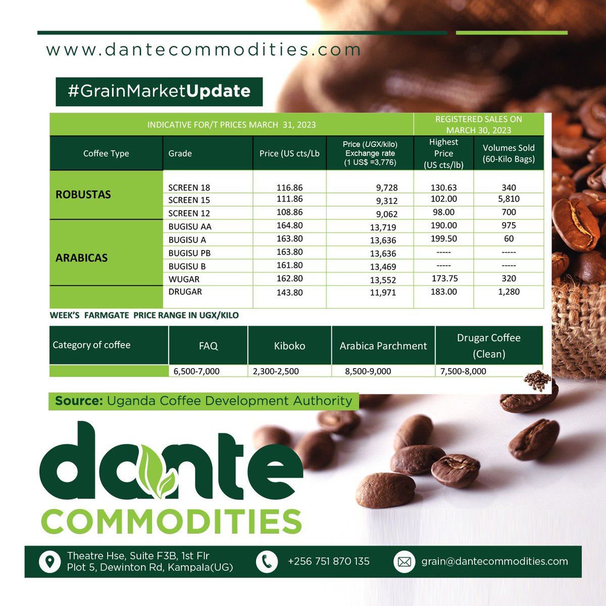 DCommoditiesUG's tweet photo. #GrainMarketUpdate

 "If it weren't for the coffee, I'd have no identifiable personality whatsoever." - David Letterman

#youthinfarming #March31st #CoffeUg #Arabica #Robusta #FridayFeelings https://t.co/0nFdEnFbTu
