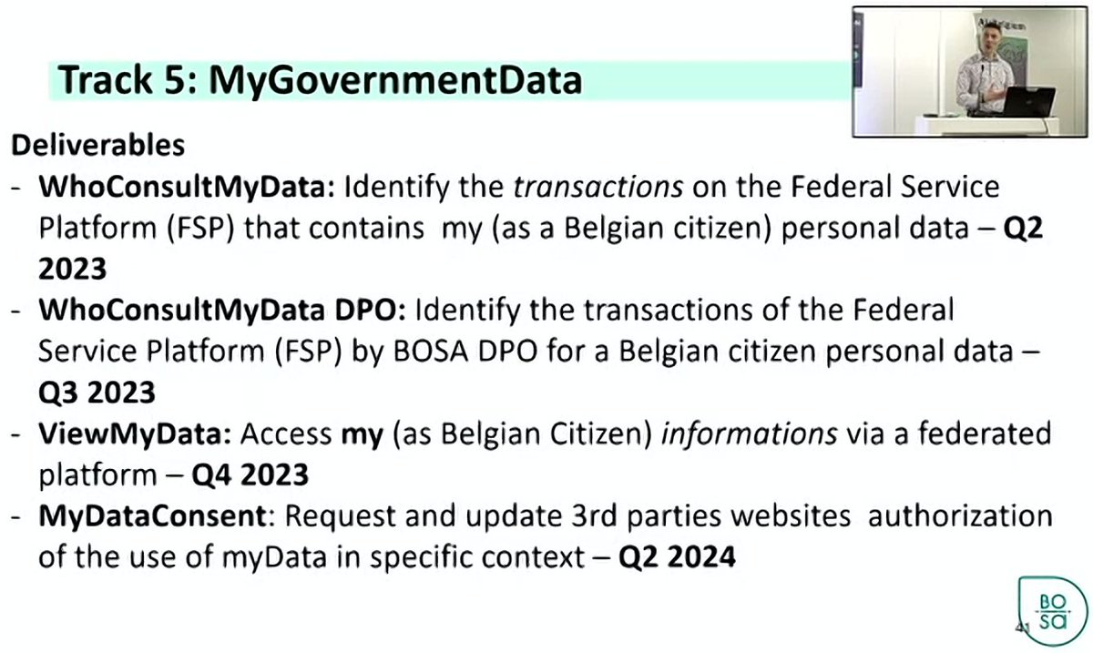 ArentsHA's tweet photo. In the #EUAIweek23 session "Unleashing government data" @fodspfbosa explains how in the project MyGovernmentData they will give the Belgian #citizen an #overview of his #data as it is held and processed by the federal #government. See also https://t.co/inorTvwp8G https://t.co/C4f48AaqUJ