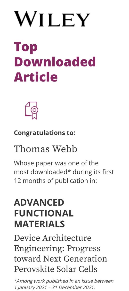 Thomas Webb (@webb16t) on Twitter photo Great to see our review on perovskite device architectures is a #topdownloadedarticle in advanced functional materails! <a href="/sweeneystephen/">Stephen Sweeney @sweenster.bsky.social</a> Great to see our review on perovskite device architectures is a #topdownloadedarticle in advanced functional materails! <a href="/sweeneystephen/">Stephen Sweeney @sweenster.bsky.social</a>