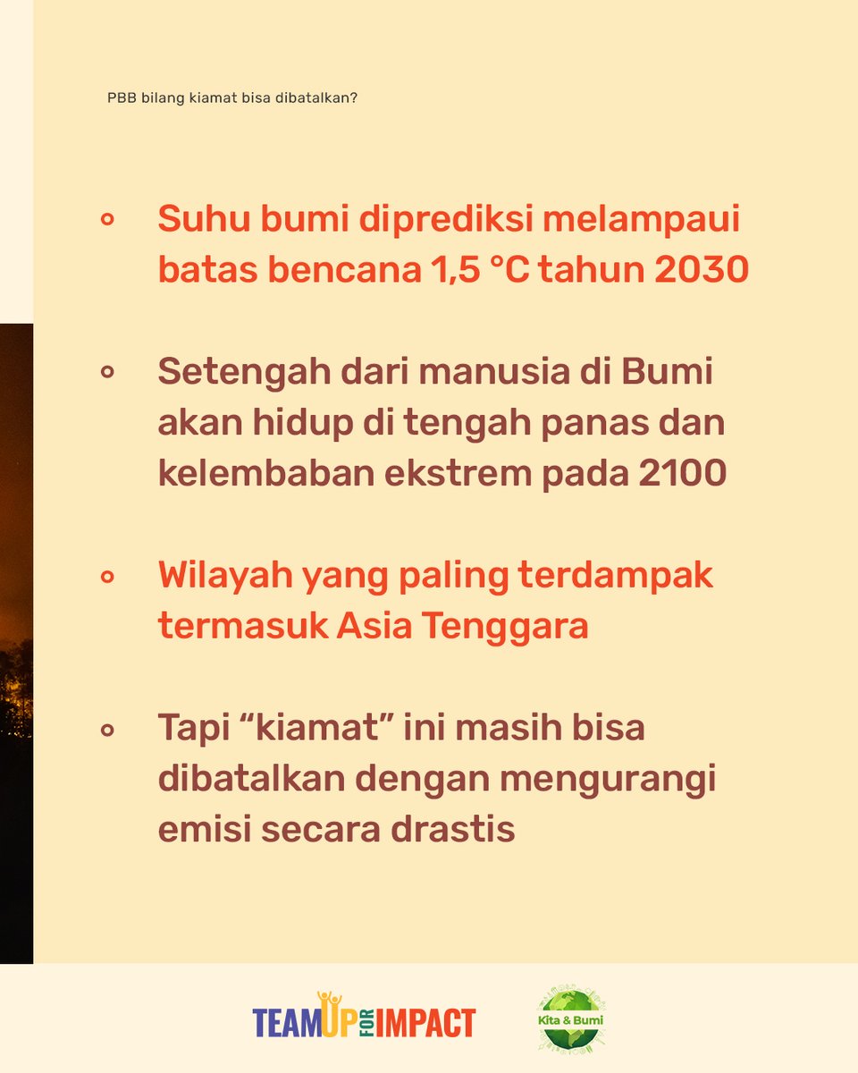 TeamUpForImpact's tweet photo. Ternyata "kiamat"  bisa dibatalkan! Kita masih bisa tinggal di bumi yang aman, asal mengurangi emisi secara drastis. Menurut sains, cara terbaiknya adalah dengan transisi ke energi terbarukan. Yuk cek 
https://t.co/6IJyMuOrJ6 

#TeamUpForCleanEnergy #TeamUpForImpact https://t.co/RKcZVuF8JF