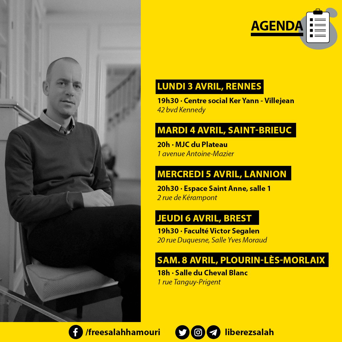 LiberezSalah's tweet photo. 👋 Ami·es breton·nes, Salah Hamouri sera en Bretagne Nord du 3 au 8 avril ! 

#Rennes #Saintbrieuc #Lannion #Brest #Morlaix #SalahHamouri #JusticeForSalah #LibertePourSalah https://t.co/AghERHpfFr
