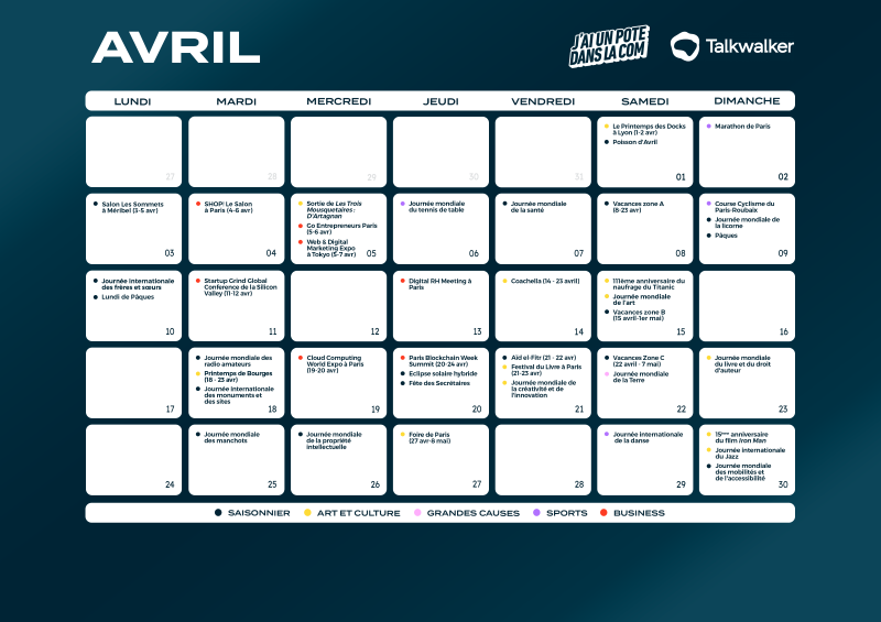 Vous vous demandez quels sujets inclure dans votre calendrier éditorial en avril ? Découvrez les sujets à ne pas manquer dans notre calenrier social media, rédigé avec <a href="/unpotedanslacom/">jaiunpotedanslacom</a> : talkwalker.com/fr/blog/calend…