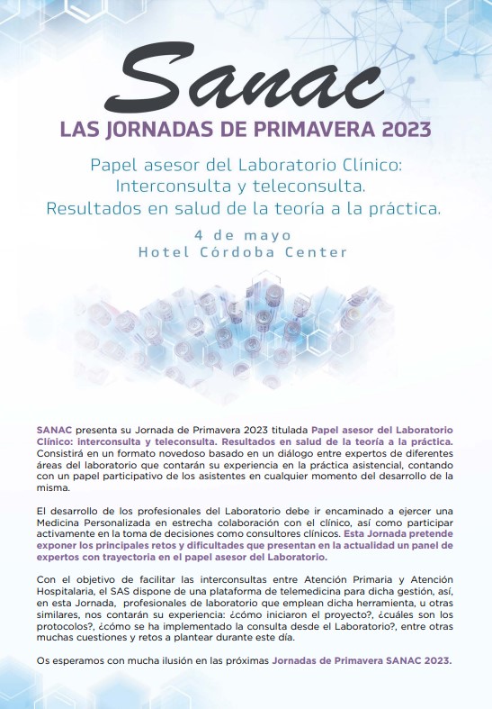 SANACnoticias's tweet photo. Ya está disponible el programa de la Jornada de Primavera 🐝 de SANAC: "Papel asesor del #LaboratorioClínico: interconsulta y teleconsulta. Resultados en salud de la teoría a la práctica"  
🔬 No te pierdas ninguna de las mesas que hemos preparado https://t.co/LlRkec4RtA https://t.co/DYM55c0d4g